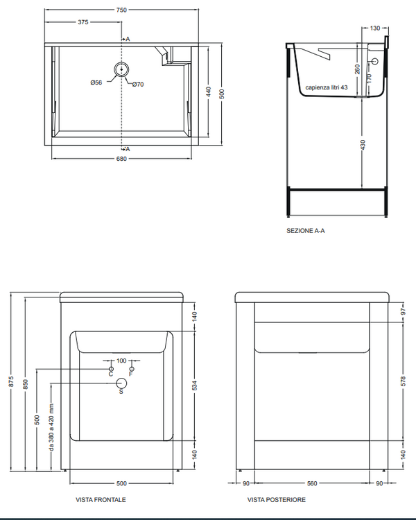 Mobile lavatoio 75x50 Colavene Lavacril con serrandina a scomparsa laterale in abs metacrilato bianco