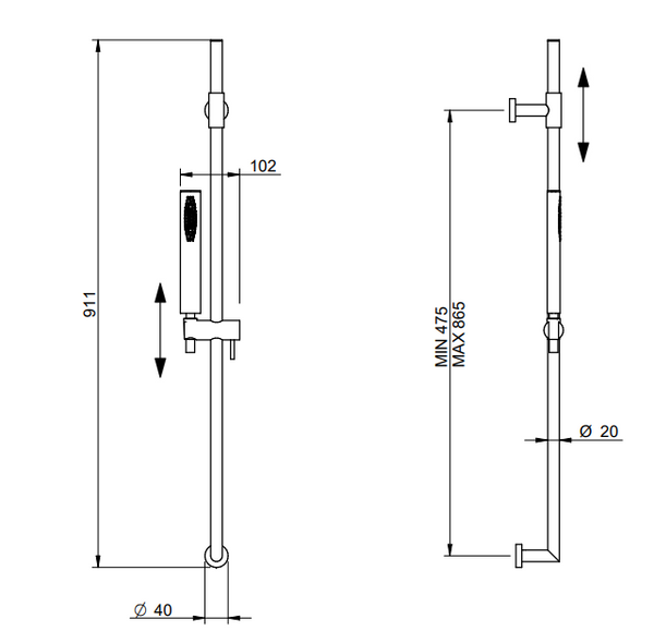 Treemme Hedò RWIT0947CC25 asta doccia 91 cm con saliscendi e doccetta senza presa acqua cromo