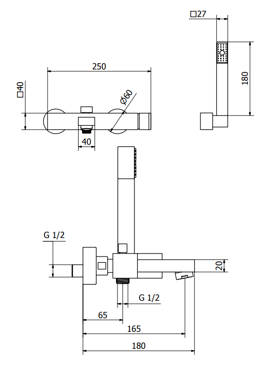Miscelatore vasca monocomando con doccetta nero opaco PILLAR 9k150