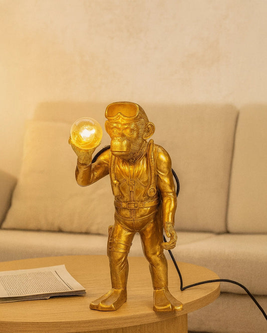 Animal Monkey lampada scimmia 50 cm in poliresina oro spenta, dettaglio del corpo lampada e dei materiali - Exagonshop