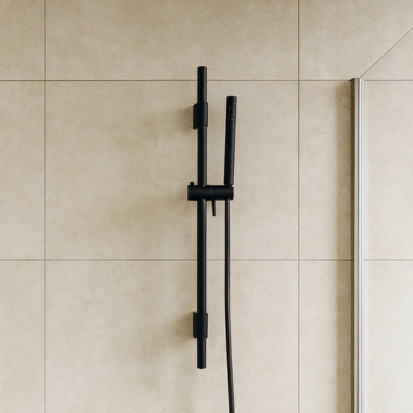 Asta doccia con saliscendi doccetta tonda in ottone e flessibile in pvc nero opaco