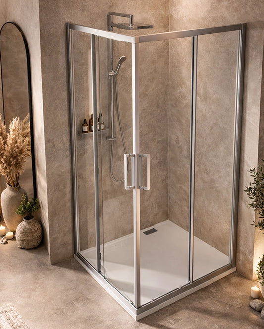 Box doccia 80x120 Marsiglia due ante scorrevoli reversibile in bagno completo, vista d'insieme dell'ambiente - Exagonshop