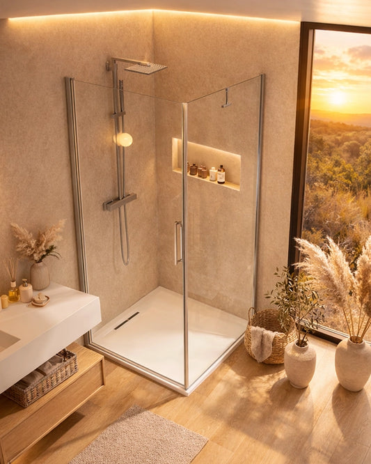 Box doccia 90x70 battente vetro temperato 6 mm 195 H cromo Cromo Lucido in bagno completo, vista d'insieme dell'ambiente...