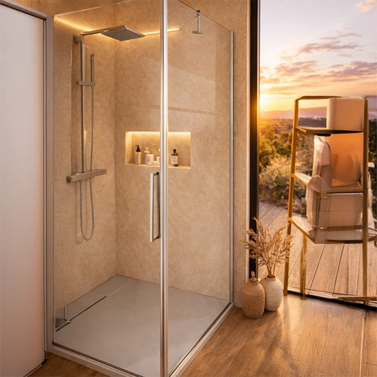 Box doccia 70x120 a battente vetro temperato 6 mm 195 H Cromo Lucido in bagno completo, vista d'insieme dell'ambiente...
