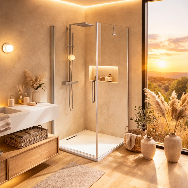 Box doccia 90x80 battente vetro temperato 6 mm 195 H cromo Cromo Lucido in naturale installato in bagno moderno con ante...