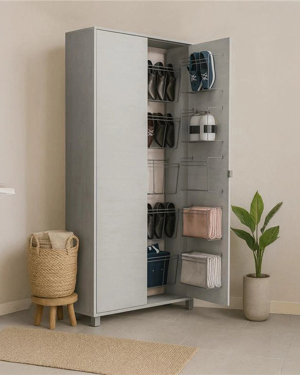 Capri scarpiera 84x30 con mensole e griglia portascarpe H ambientato in spazio living con arredi coordinati - Exagonshop