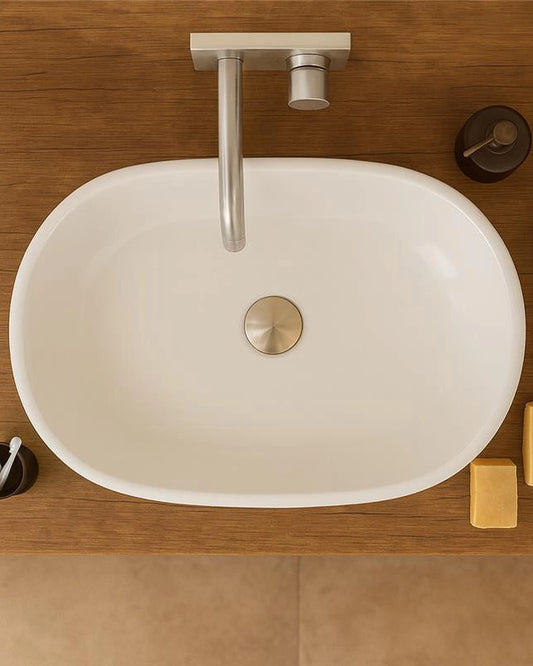 Ciotola 59x41 lavabo in ceramica bianco lucido, vista frontale su sfondo bianco - Exagonshop