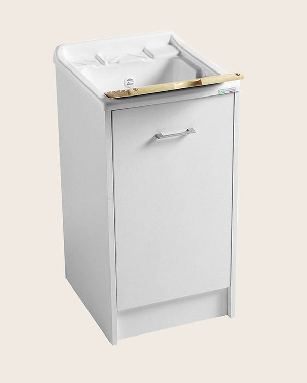 Colavene Domestica lavatoio 45x50 con tavola lavapanni installato su lavello, vista della bocca e della leva - Exagonshop
