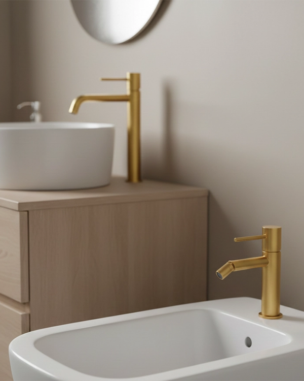 Coppia rubinetti lavabo alto e bidet senza scarico oro Oro Mat in ottone e satinato ambientato su piano bagno con...
