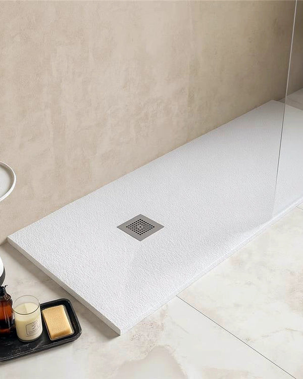 Piatto Doccia 80x180 Desio effetto pietra in Mineralmarmo visto dall'alto con superficie e piletta di scarico - Exagonshop