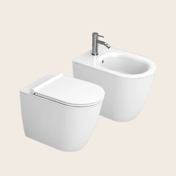 Ceramica Dolomite Coppia sanitari filomuro con sedile visto dall'alto con scarico e interno visibili