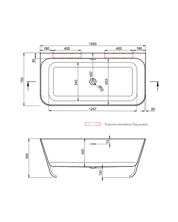 Forma Aquae Meda vasca 150x75 a parete in TechFusion bianco lucido VSMP15075