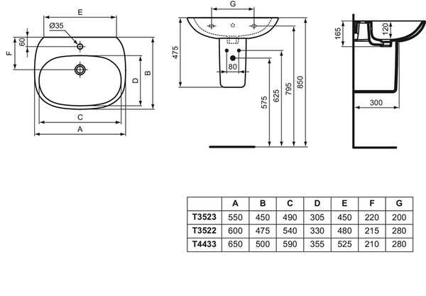 Ideal Standard Tesi Lavabo 65 cm con semicolonna bianco immagine 5 Exagonshop