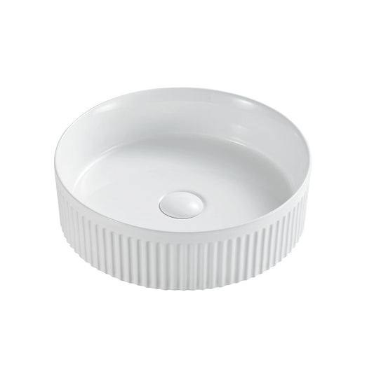 Lavabo 37 cm tondo Roma cannettato da appoggio bianco lucido, vista frontale su sfondo bianco - Exagonshop