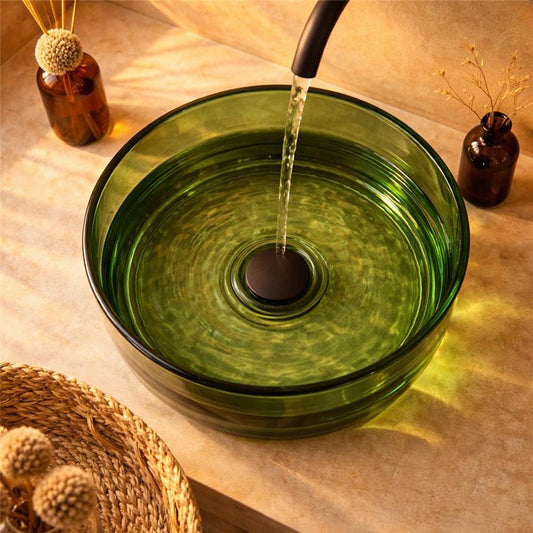 Lavabo 40 cm ciotola da appoggio Ischia in resina verde, vista frontale su sfondo bianco - Exagonshop