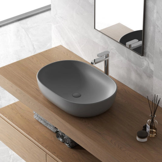 Lavabo a ciotola 60x41 cm grigio opaco in ceramica, vista frontale su sfondo bianco - Exagonshop