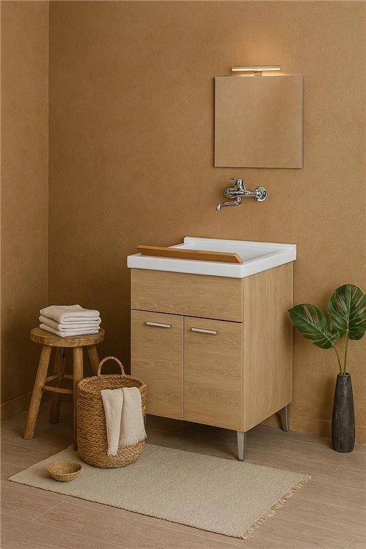 Lavatoio 60x50 rovere con vasca in resina e tavoletta Stella
