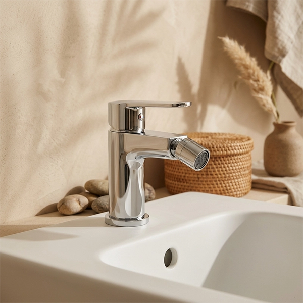 Miscelatore bidet con piletta click clack cromo Eden in lucido e cromato, vista frontale della maniglia e della bocca di...