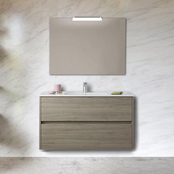 Mobile Bagno 100x45 Rovere Scuro lavabo in porcellana e specchio Rigo