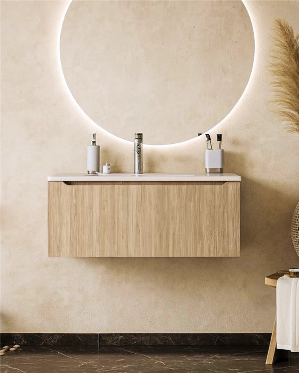 Mobile Bagno Teak 90x50 Amalfi Lavabo Mineralmarmo lucido in mdf e naturale con lavabo e rubinetteria, vista frontale su...