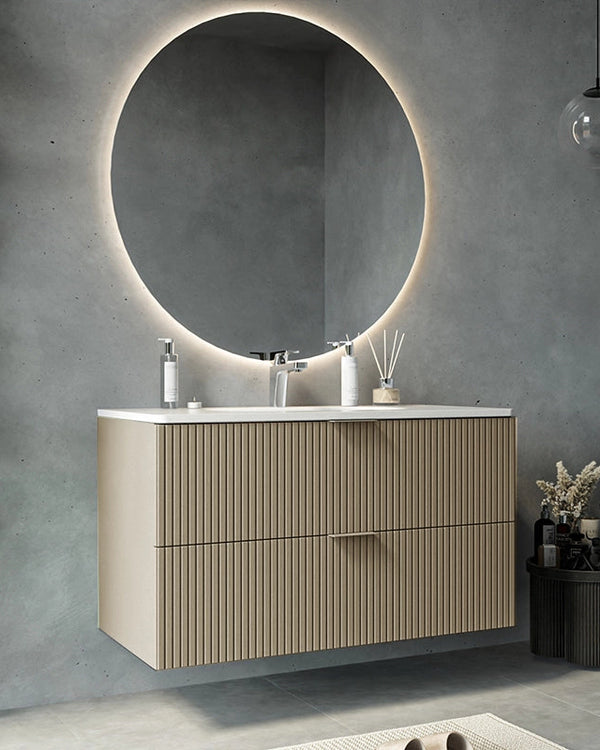Mobile bagno cannettato 82x47 tortora opaco lavabo in, dettaglio ravvicinato della finitura e del cassetto - Exagonshop