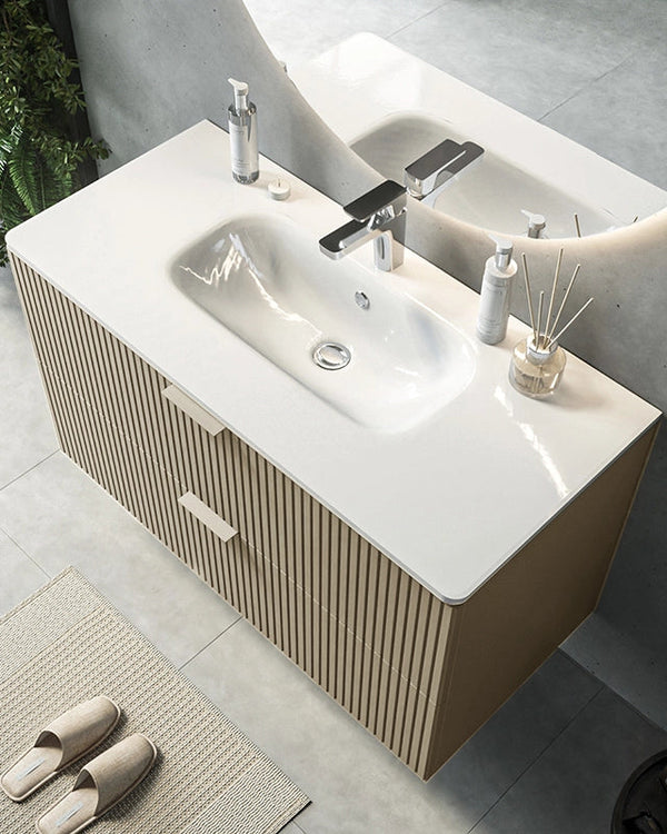 Mobile bagno cannettato 82x47 tortora opaco lavabo in, vista dall'alto del piano con lavabo - Exagonshop
