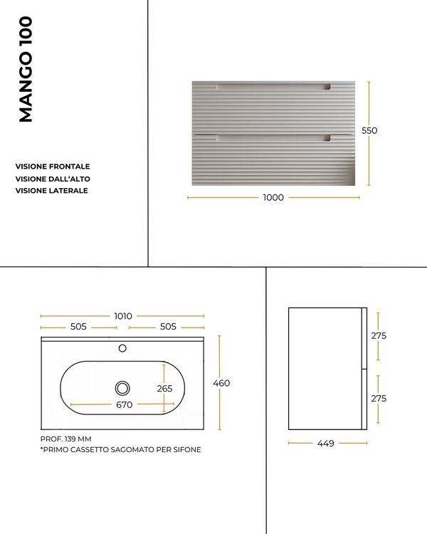 Mobile bagno bianco opaco 100x45 Mango lavabo in ceramica lucida