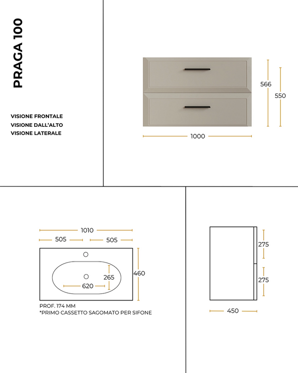 Mobile bagno grigio chiaro 100x45 Praga lavabo in ceramica lucido
