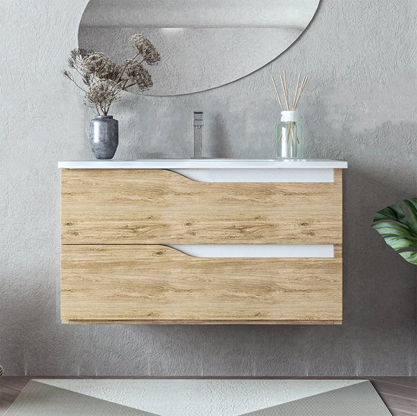 Mobile bagno 100x46 Gaia quercia naturale bianco lucido con lavabo in ceramica