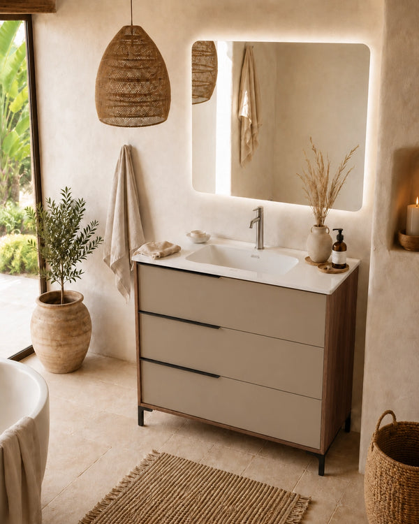 Mobile bagno 100x47 a terra noce tortora opaco lavabo ceramica lucida