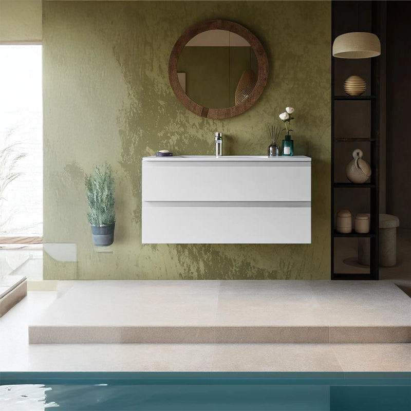 Mobile bagno 120x45 bianco opaco Pesaro due cassetti lavabo in mineralmarmo