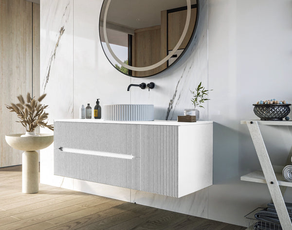 Mobile bagno 120x46 Urbino cannettato bianco opaco con anta e lavabo