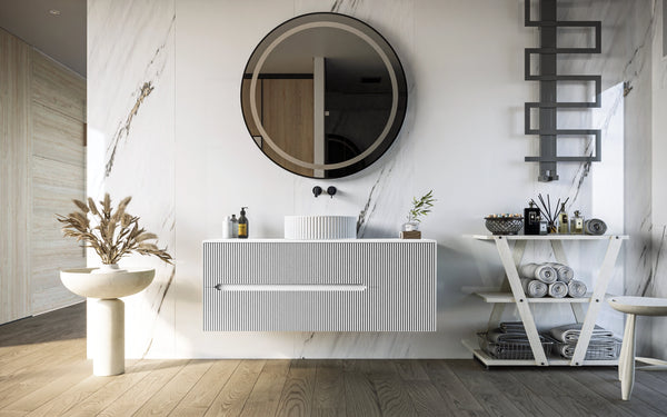 Mobile bagno 120x46 Urbino cannettato bianco opaco con anta e lavabo
