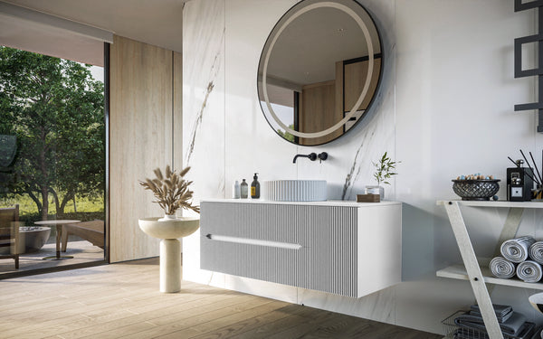 Mobile bagno 120x46 Urbino cannettato bianco opaco con anta e lavabo