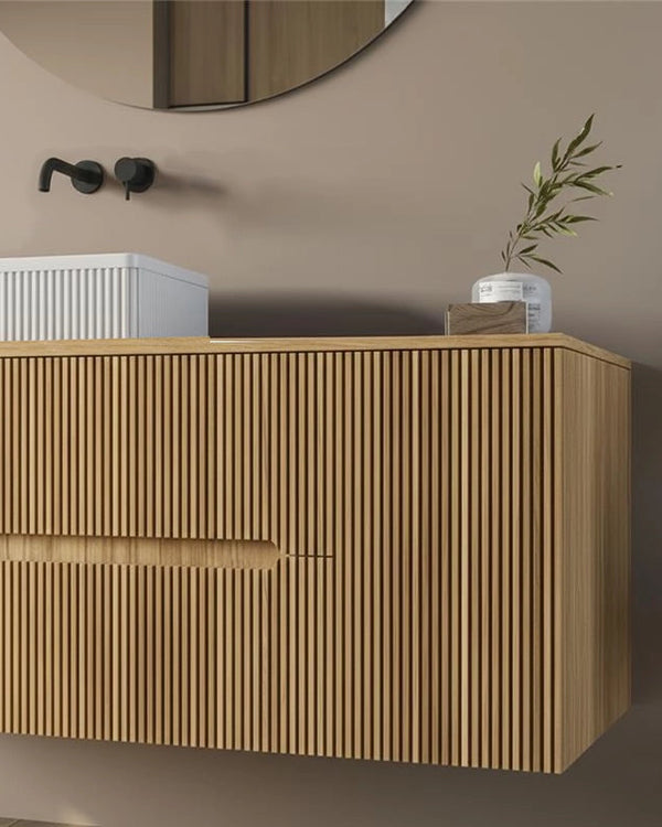 Mobile bagno 120x46 Urbino cannettato rovere con anta e, vista dall'alto del piano con lavabo - Exagonshop