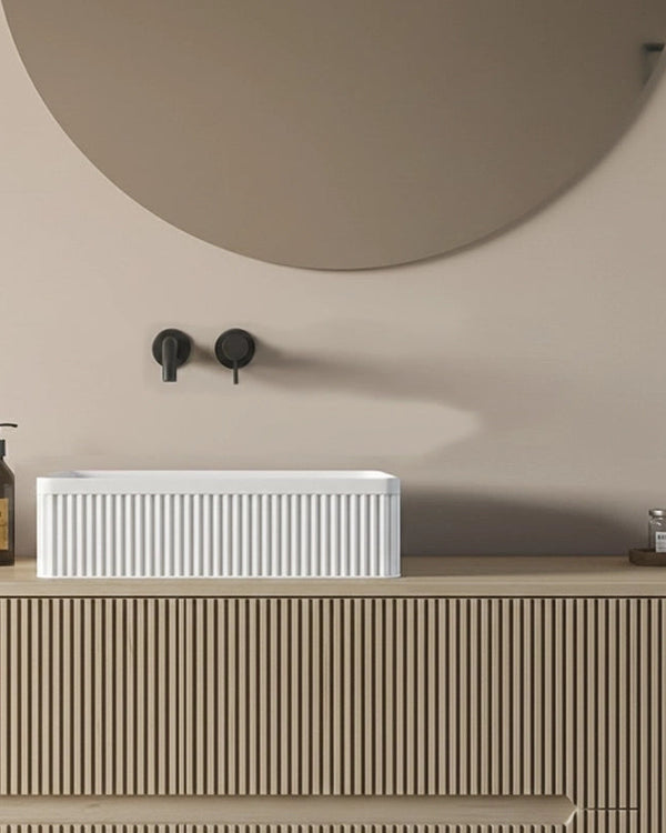 Mobile bagno 120x46 Urbino cannettato tortora opaco con, vista dall'alto del piano con lavabo - Exagonshop