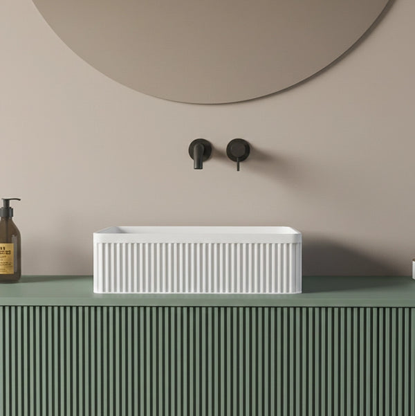 Mobile bagno 120x46 Urbino cannettato verde bosco con anta, vista dall'alto del piano con lavabo - Exagonshop