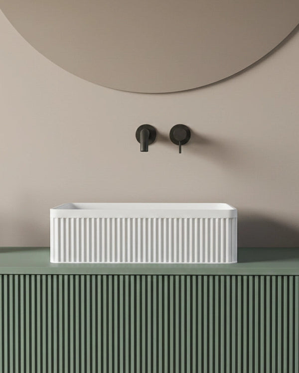 Mobile bagno 120x46 Urbino cannettato verde bosco con anta, vista dall'alto del piano con lavabo - Exagonshop
