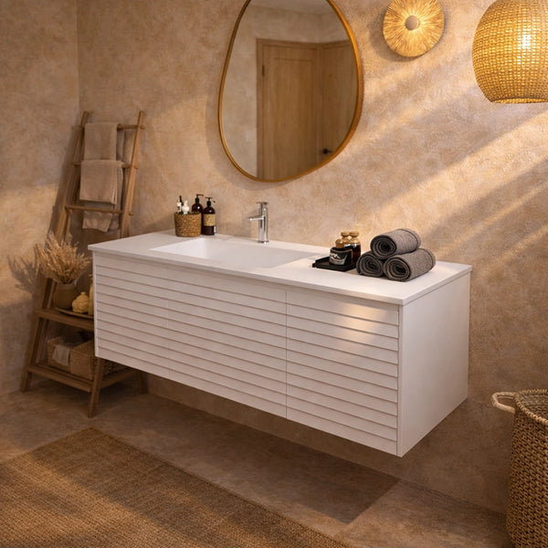 Mobile bagno 120x48 Merida cannettato bianco con lavabo a sinistra