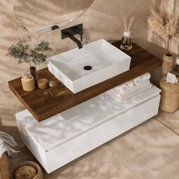 Mobile bagno 120x50 tabacco bianco opaco Oasy con top e lavabo appoggio