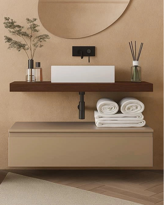 Mobile bagno 120x50 tabacco tortora opaco Oasy con top e Tabacco Tortopaco, vista dall'alto del piano con lavabo - Exagonshop