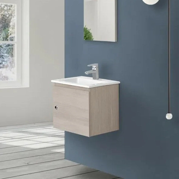 Mobile bagno 50x36 rovere chiaro lavabo in ceramica e specchio Vinci