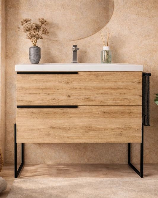 Mobile bagno 80x45 Quercia Venezia a pavimento con Quercia Naturale ambientato in bagno moderno con specchio e accessori...