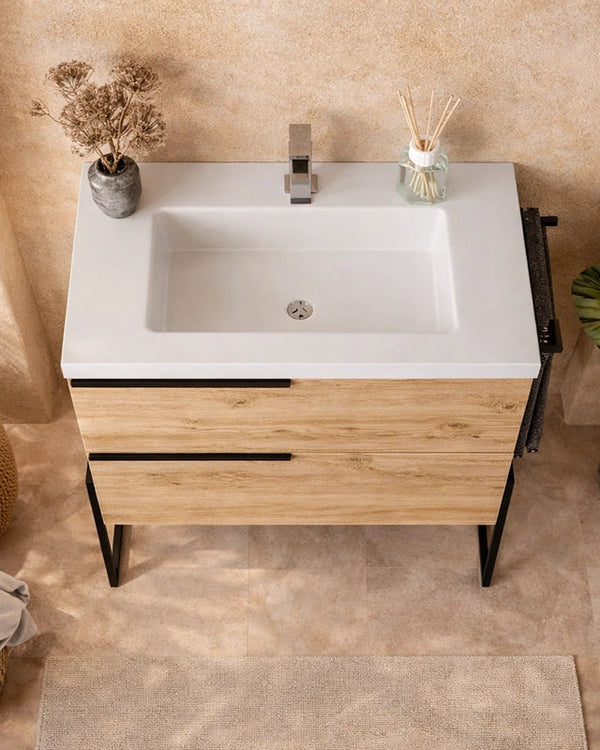 Mobile bagno 80x45 Quercia Venezia a pavimento con Quercia Naturale, vista dall'alto del piano con lavabo - Exagonshop