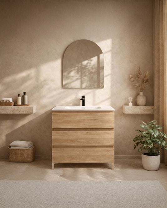 Mobile bagno 80x46 quercia a pavimento con lavabo in ambientato in bagno moderno con specchio e accessori - Exagonshop