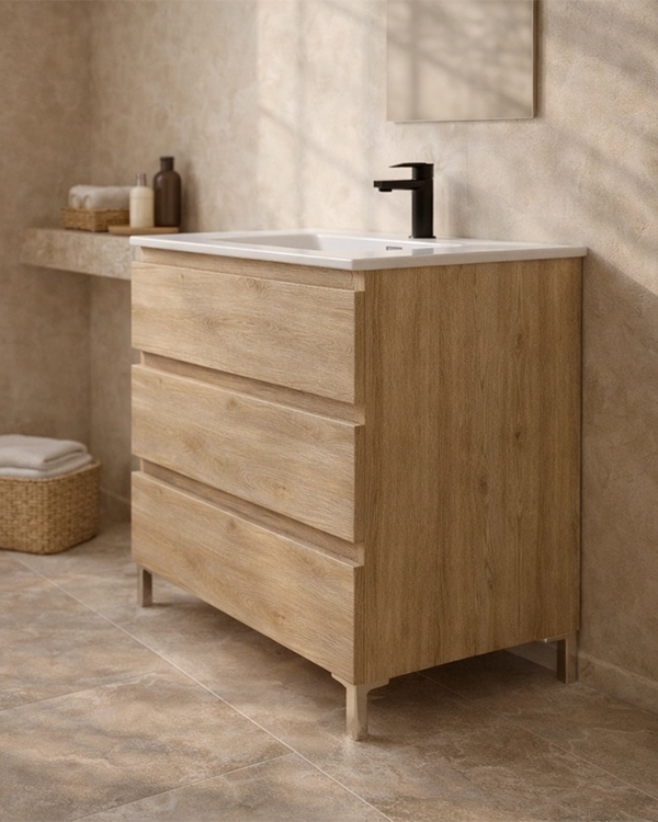 Mobile bagno 80x46 quercia a pavimento con lavabo in, vista dall'alto del piano con lavabo - Exagonshop