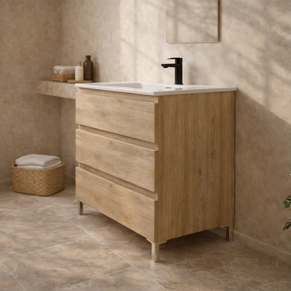 Mobile bagno 80x46 quercia a pavimento con lavabo in ceramica Atene