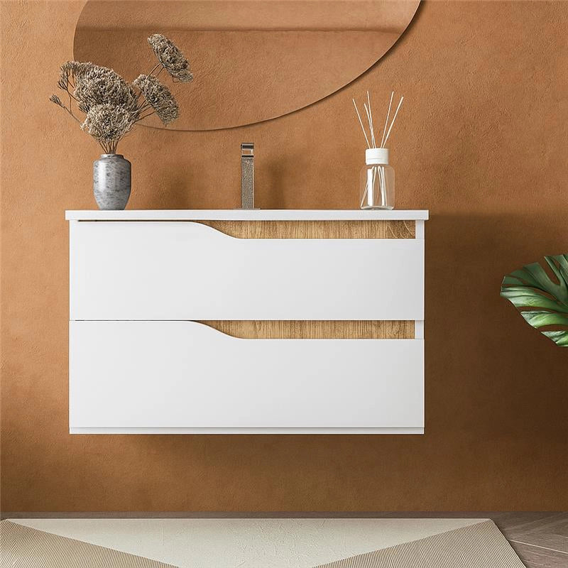 Mobile bagno 80x46 Gaia quercia naturale bianco lucido con lavabo