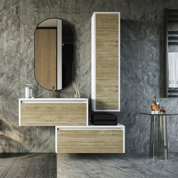 Mobile bagno 80x47 Siena Quercia bianco lucido con colonna push&pull e lavabo