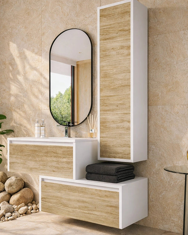 Mobile bagno quercia bianco lucido 80x47 Siena con colonna Biancoquercia ambientato in bagno moderno con specchio e...